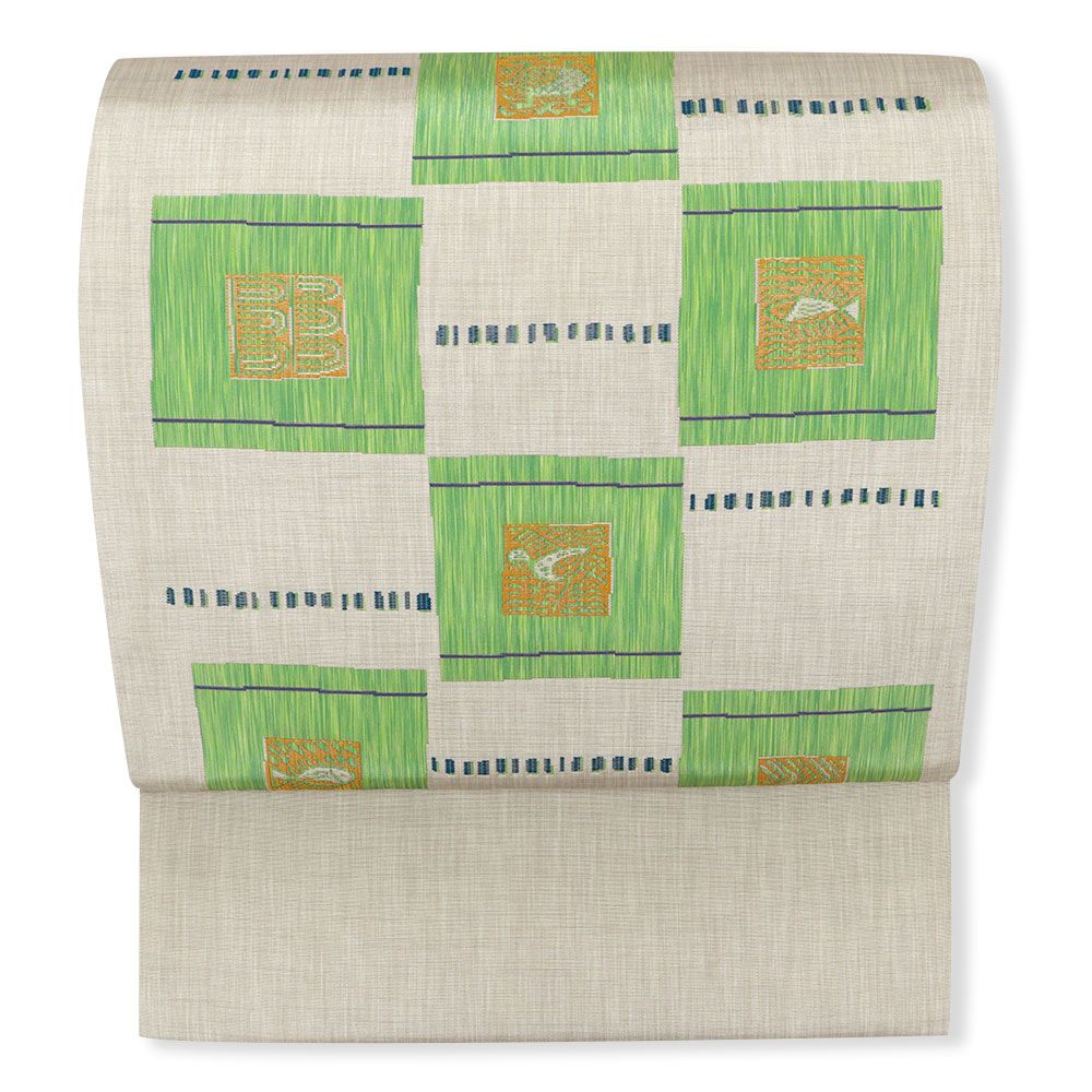 西陣袋帯（アフリカ小紋集文）：アイボリー×緑【木屋太】
