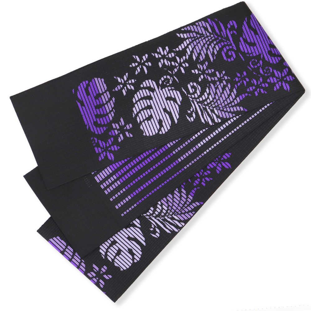 博多紋小巾袋帯（唐草/立涌）：黒×紫【協和織工場】