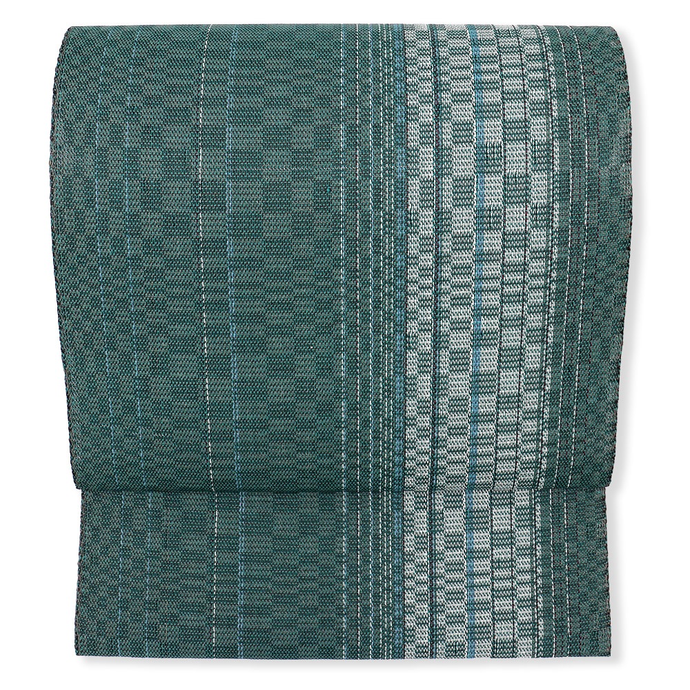 米沢八寸名古屋帯（変わり市松）：緑『綾織諸紙布』【近賢織物】