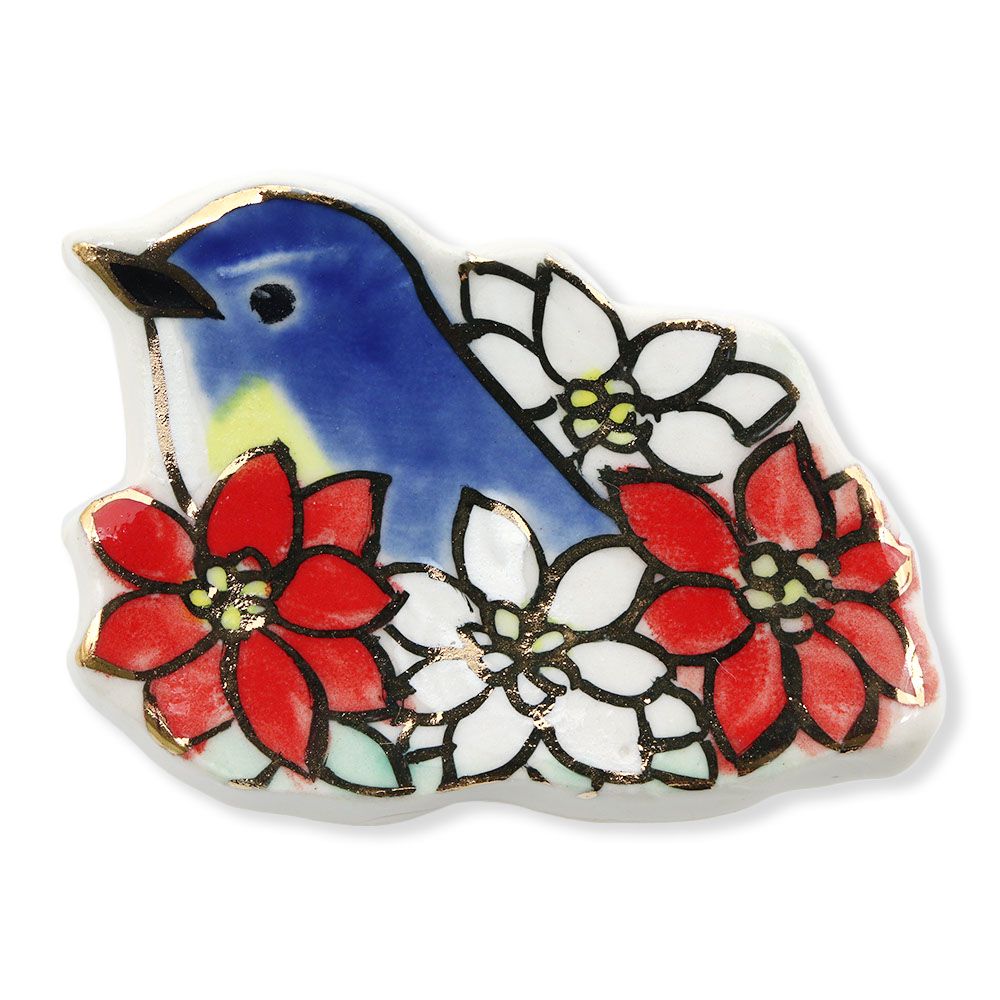 清水焼帯留(ルリビタキ)【馬籠静】