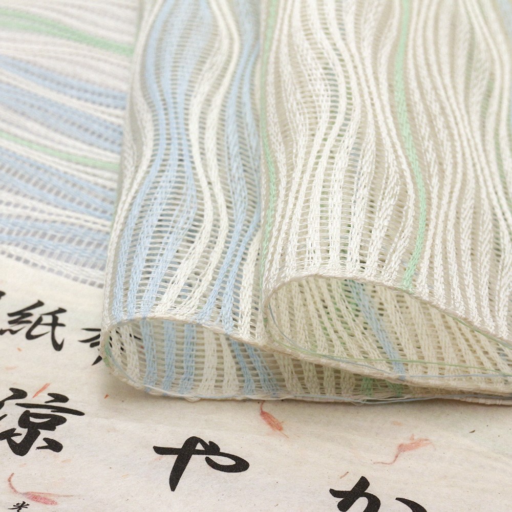桐生紙布九寸名古屋帯：水色×緑『涼やか』【高光織物】