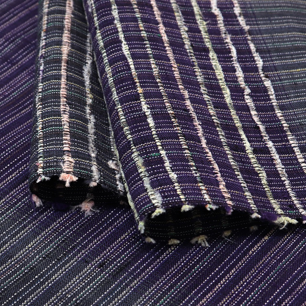 長井紬古代織り九寸名古屋帯（裂き織/半亀甲）：紫×グレー【渡源織物】