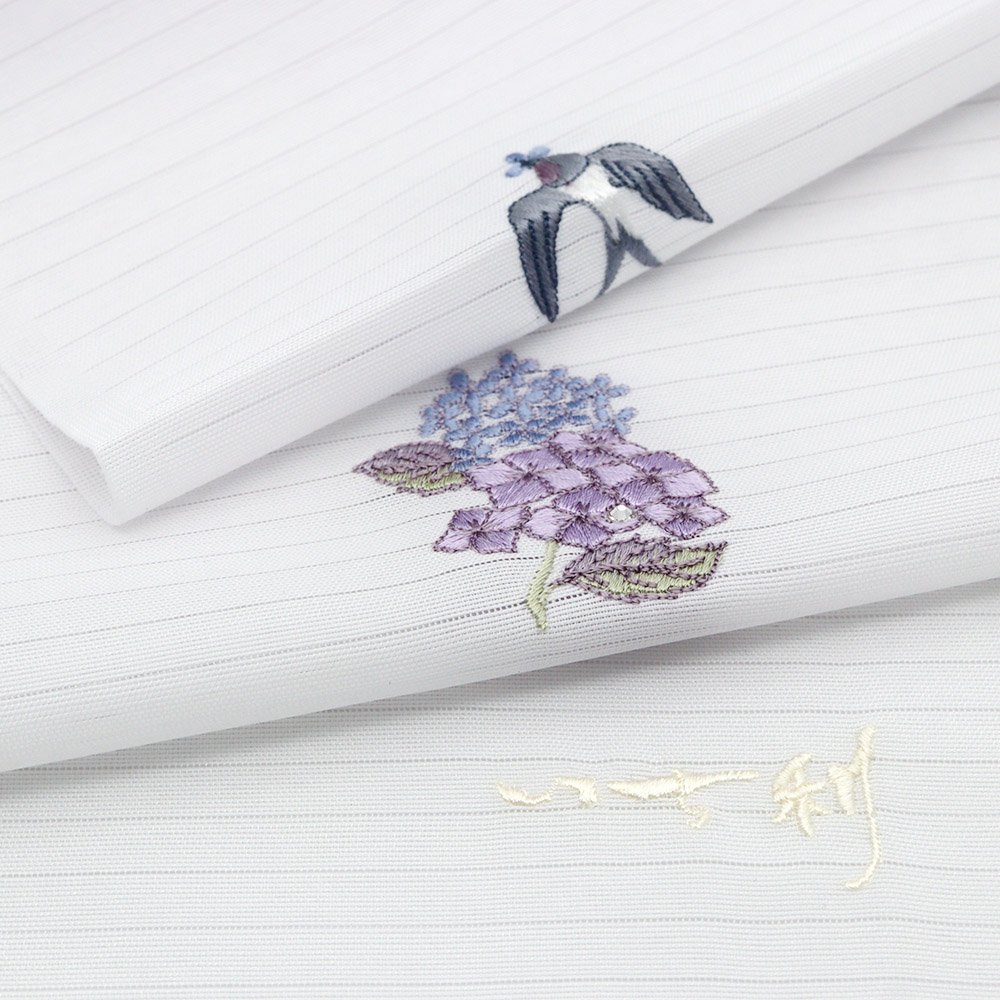ワンポイント刺繍絽半衿(あじさい/燕)【銀座いち利オリジナル】