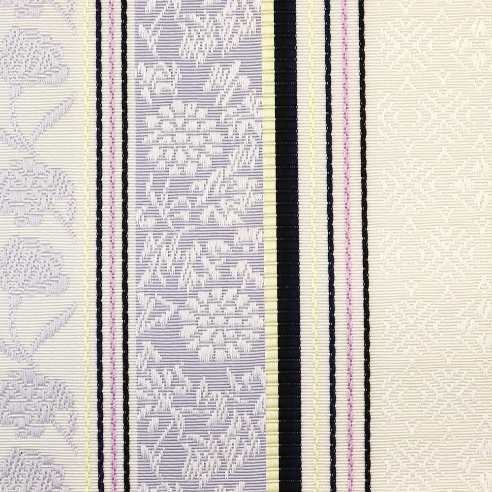 博多八寸名古屋帯（花唐草間道）：白×紫【井上絹織】