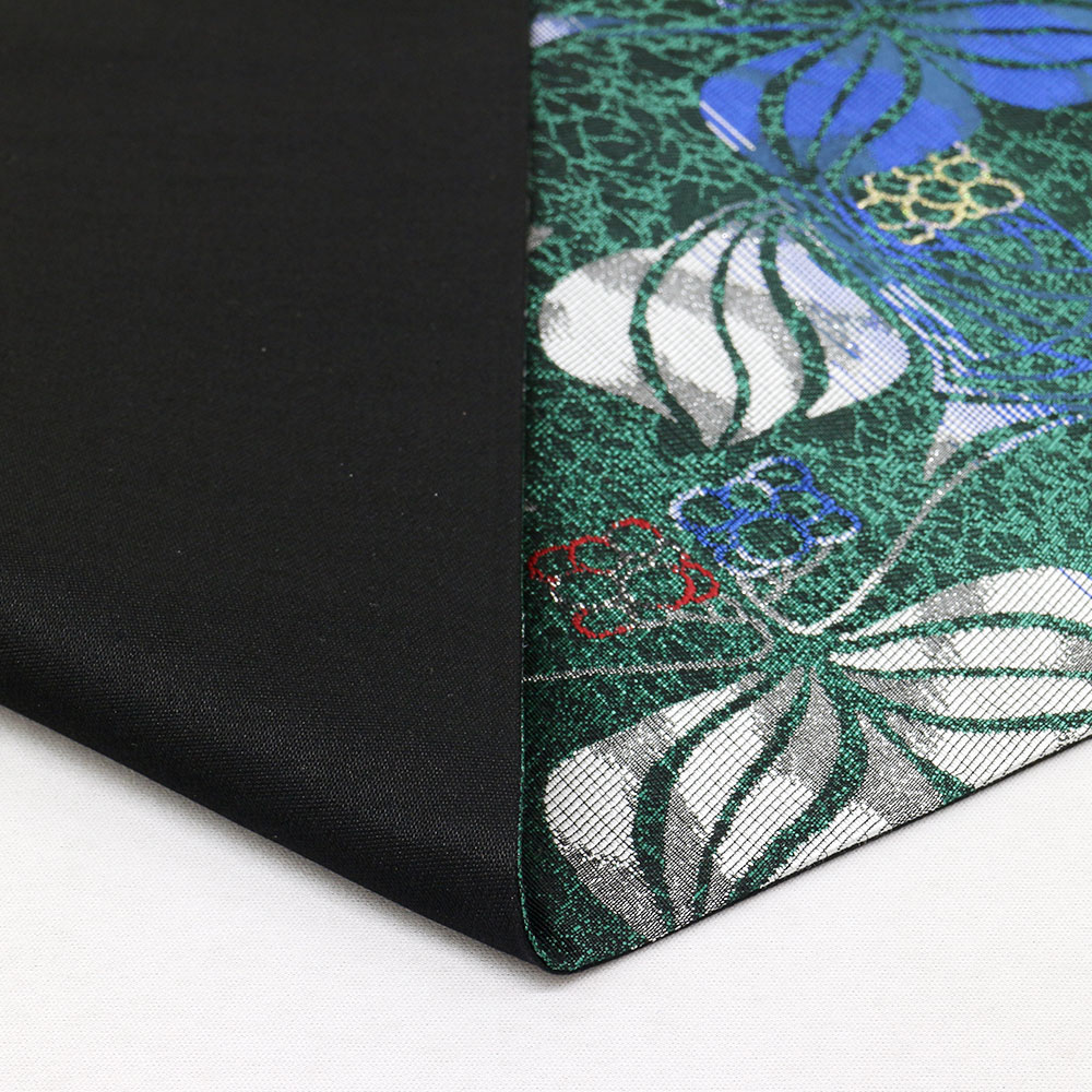 西陣袋帯（変わり洋花）：黒×緑【河瀬満織物】