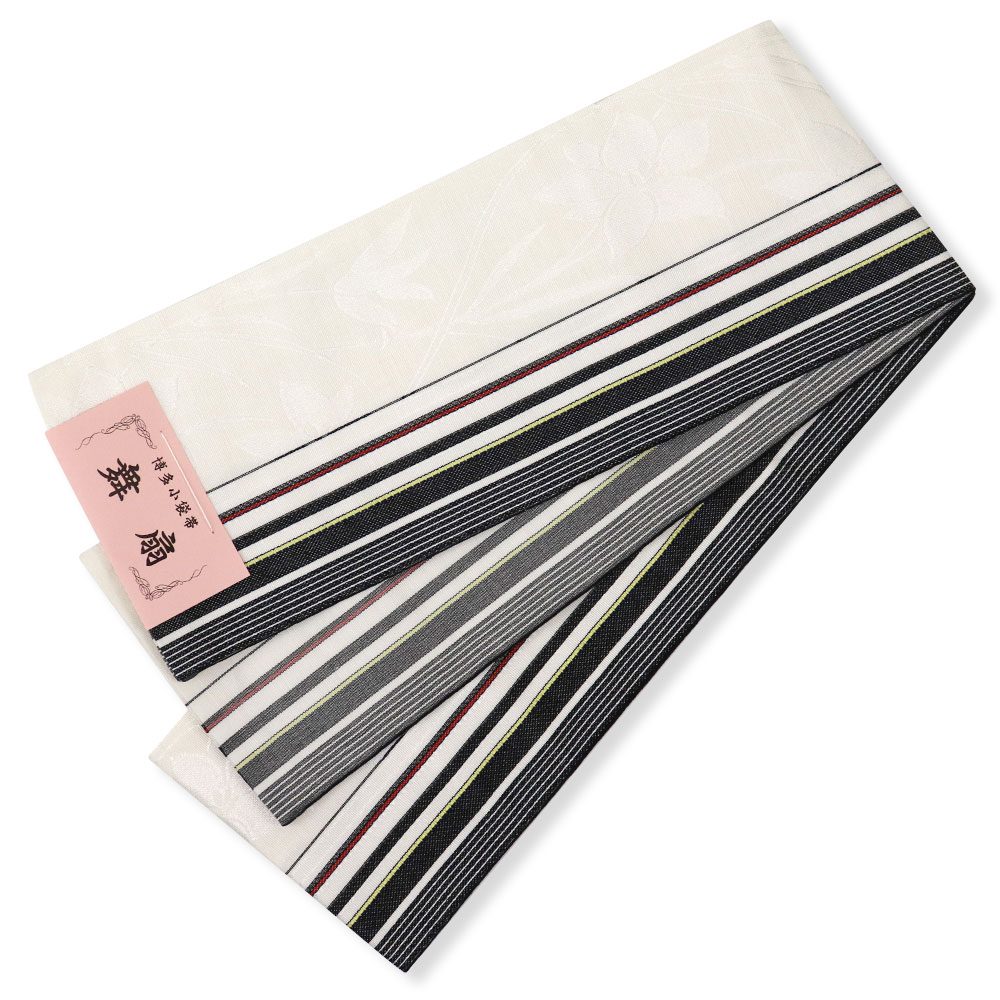 博多小袋帯（百合間道）：白×黒『舞扇』