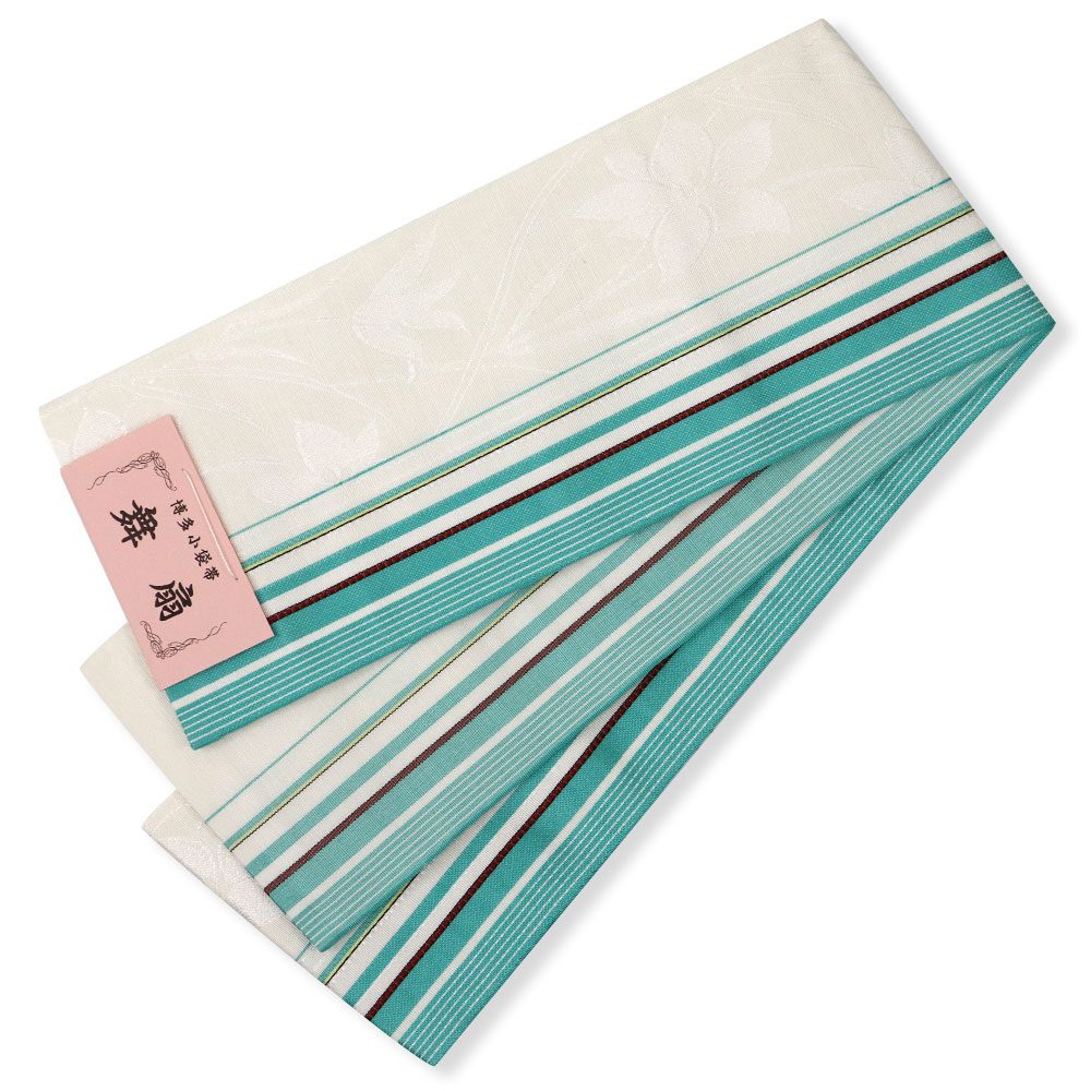 博多小袋帯（百合間道）：白×青緑『舞扇』