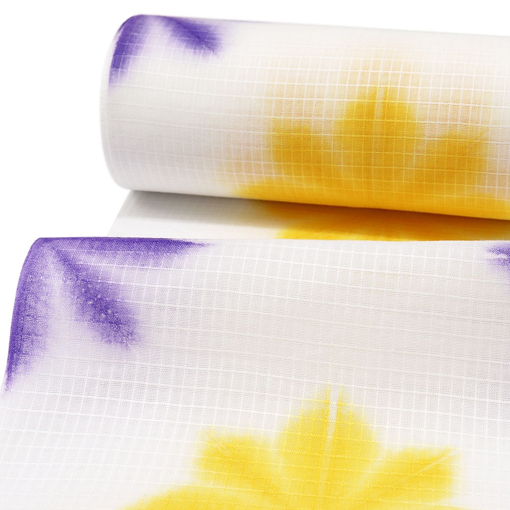 綿和晒浴衣（雪花絞り/飛び花柄）：紫×黄【角野晒染】