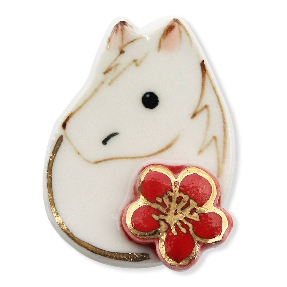 清水焼帯留（白午/赤梅）【馬籠静】