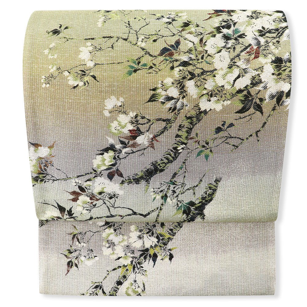 西陣袋帯（大枝桜）：緑×クリーム×藤【河瀬満織物】