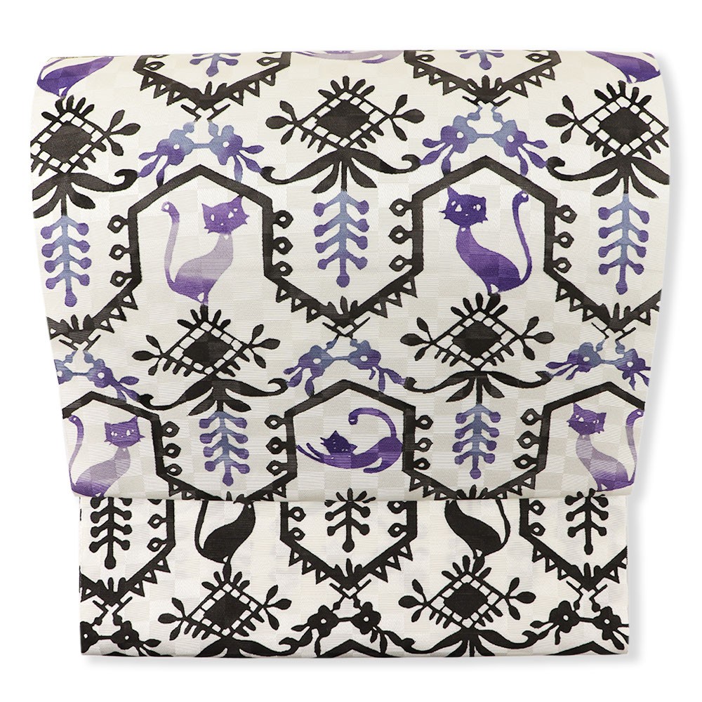 江戸紅型九寸名古屋帯（猫更紗）