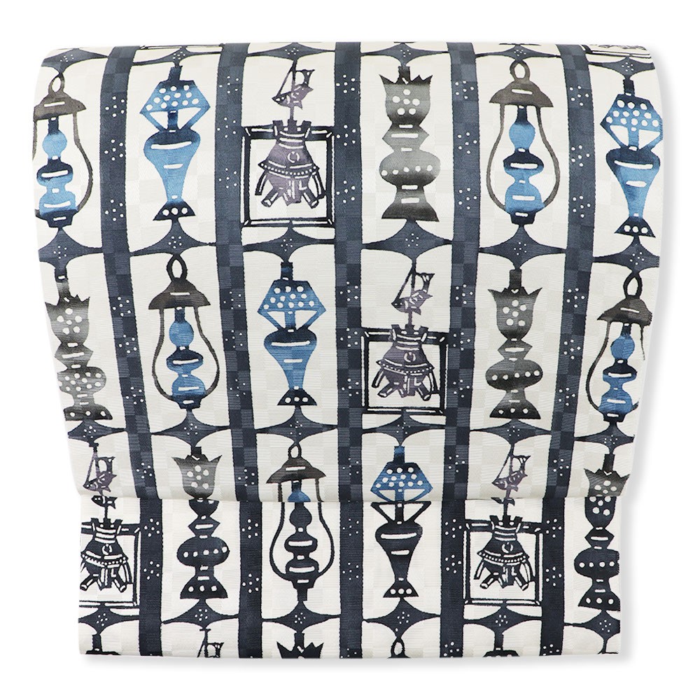 江戸紅型九寸名古屋帯（囲炉裏とランプ）