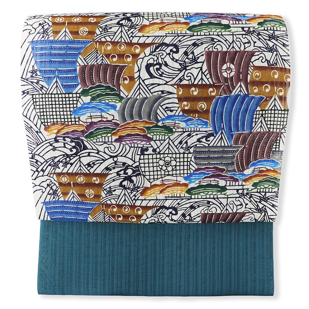 琉球紅型夏九寸名古屋帯（帆船）【城間栄喜/栄順/栄市】