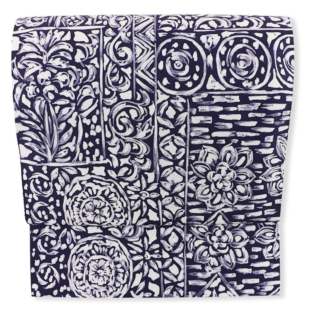 ロウケツ染め九寸名古屋帯（更紗裂文）