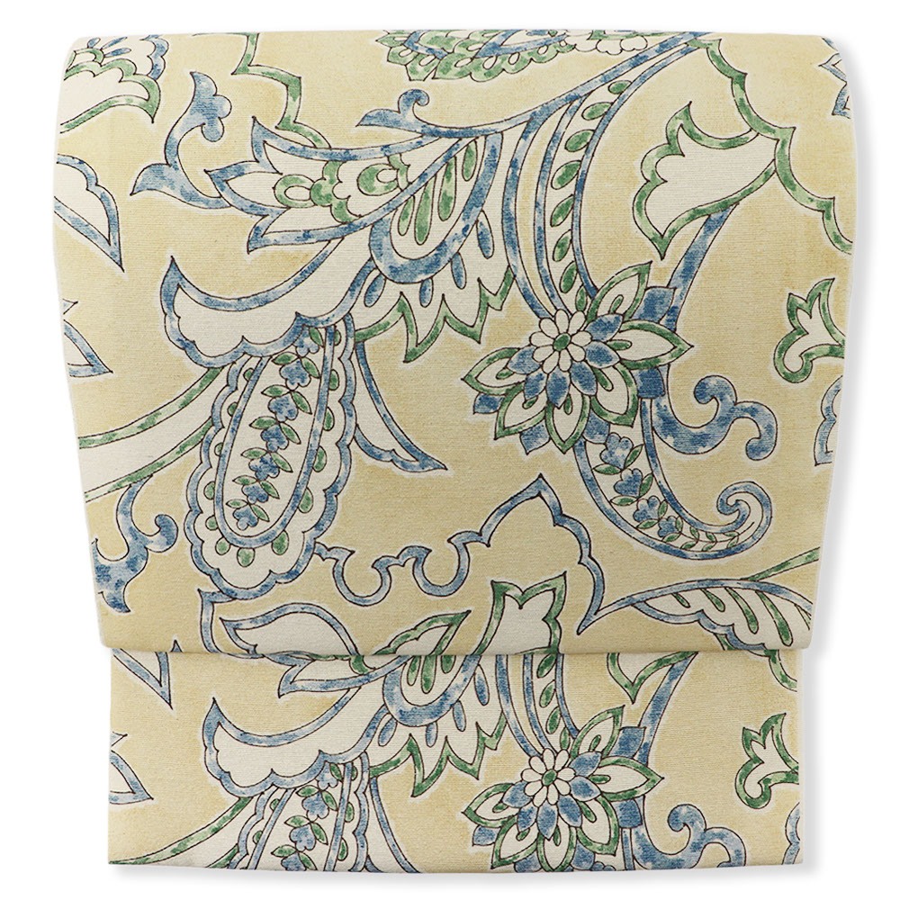 染め結城紬九寸名古屋帯（更紗文）【二代目 川村久太郎】