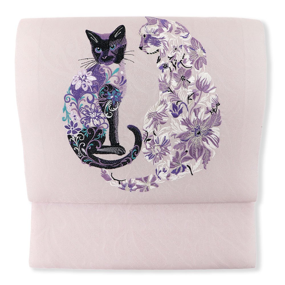 刺繍九寸名古屋帯(2匹の猫)【大光織物】