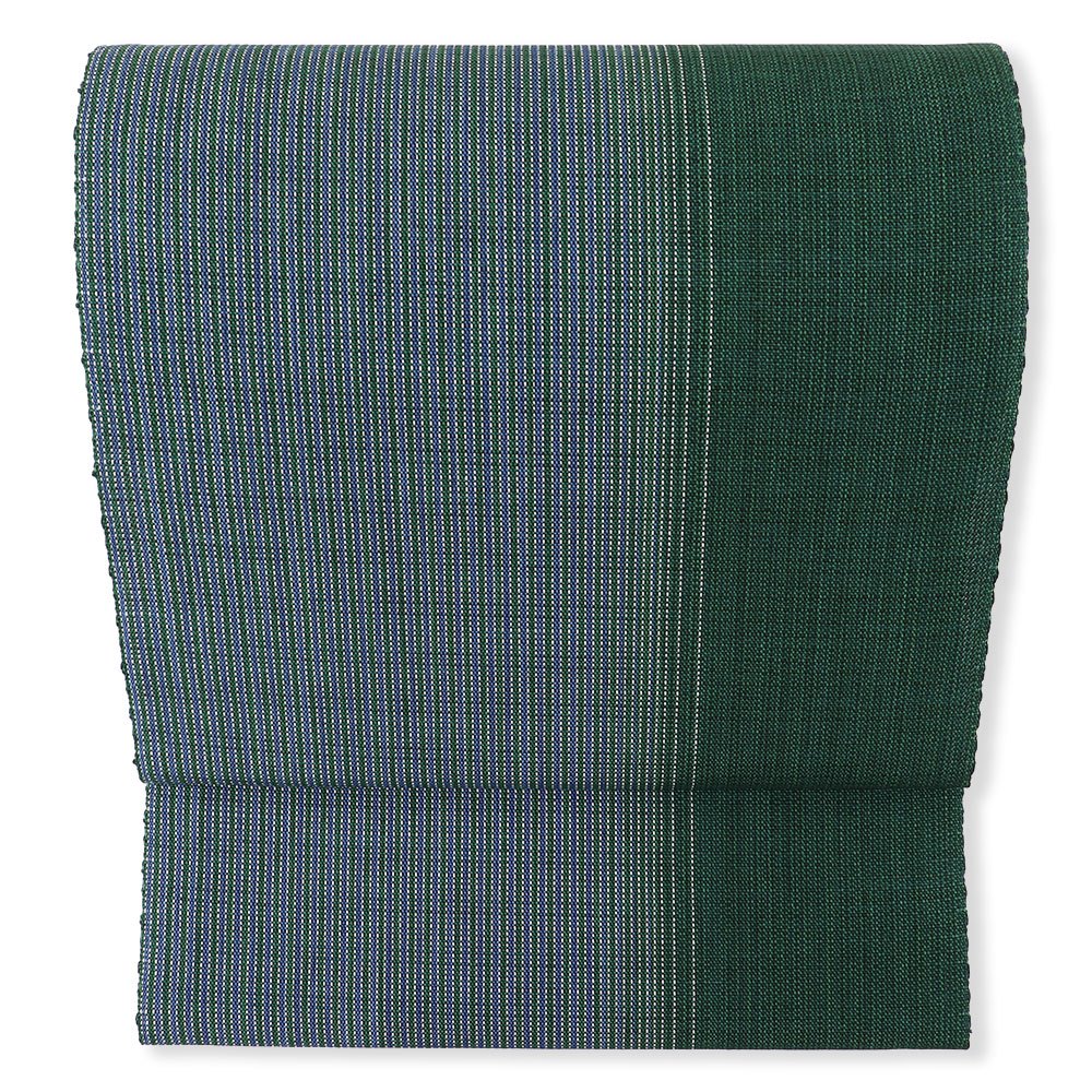 小千谷竹糸八寸名古屋帯（横縞/単衣向き）：緑『本松煙』【高三織物】