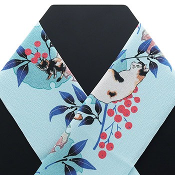 シルジェリー半衿 （猫と南天）『hitoshio』【ブンラク】