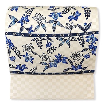 琉球紅型九寸名古屋帯（横縞に花）【安里紅型工房】