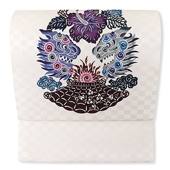 琉球紅型九寸名古屋帯（シーサー）【びんがたの染や】