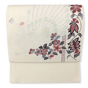 京友禅九寸名古屋帯（浜つむぎ地/孔雀）【二代目 上野為二】